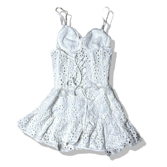Free People x For Love & Lemons Sadie Eyelet Corset Tiered Ruffle Mini Dress - Picture 12 of 13